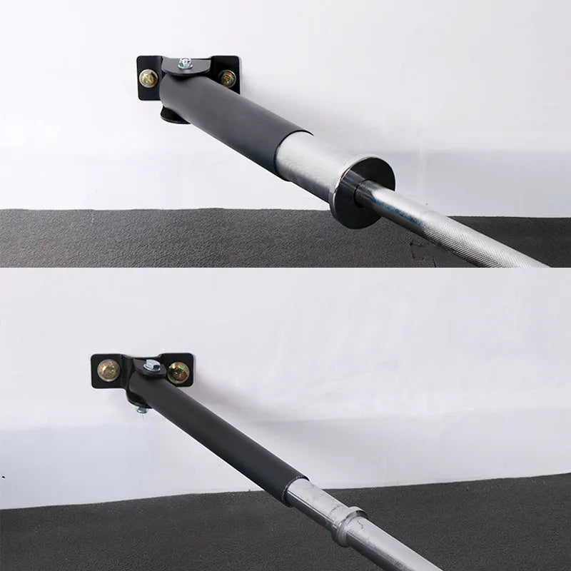 Steel wall-mounted barbell rack holding multiple bars, showing 25-tube capacity
