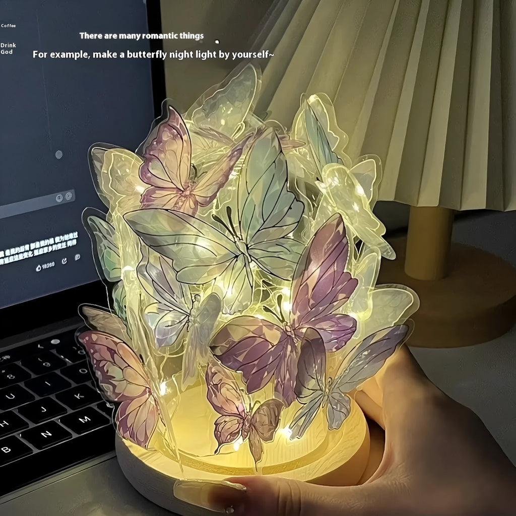 Butterfly night lamp with glass shade on raw wood base, showing 12x15cm size.
