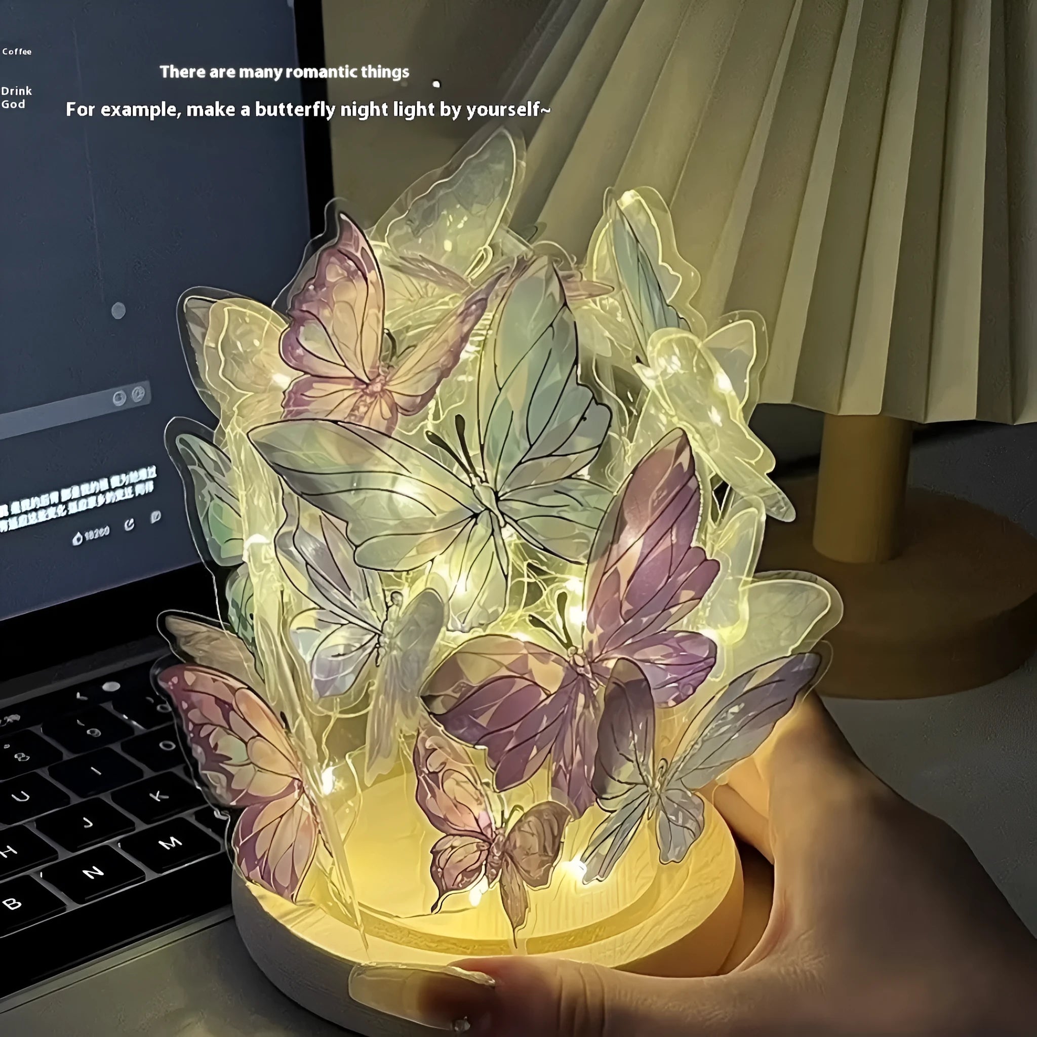 Butterfly night lamp with glass shade on raw wood base, showing 12x15cm size.