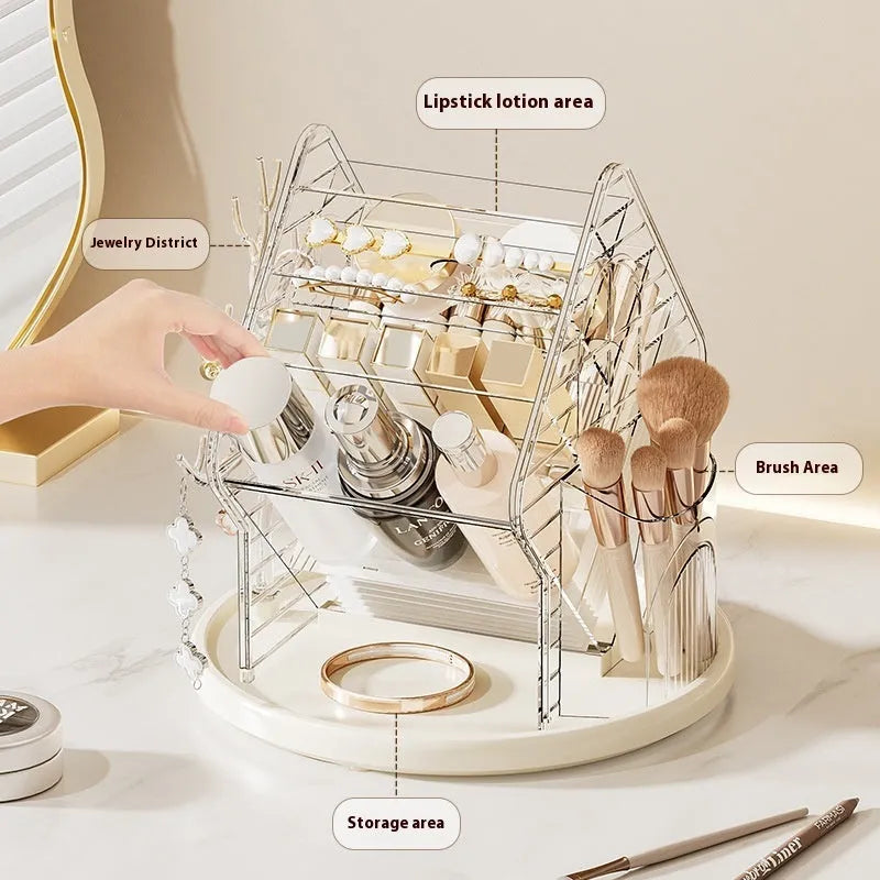 Rotating cosmetics storage box with clear plastic construction and 360-degree rotation feature