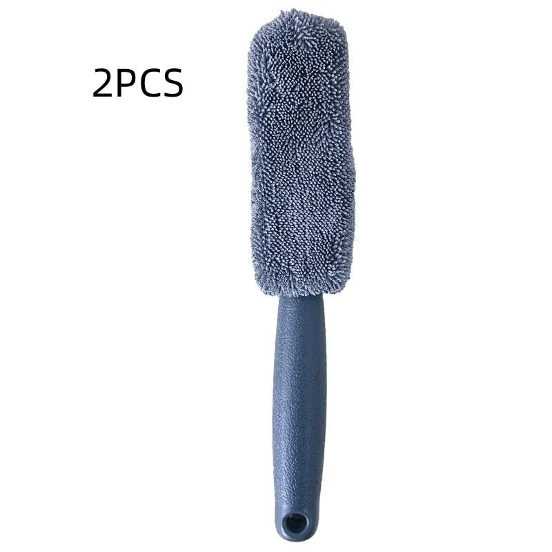 Blue microfiber car tyre brush with long 29 cm handle for wheel cleaning