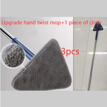 Blue extendable triangle cleaning mop with rotating head on stainless steel pole.