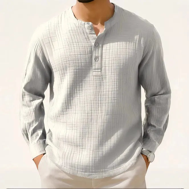 Cotton linen long sleeve shirt in slim fit with round neck and three-quarter sleeves in army green colour