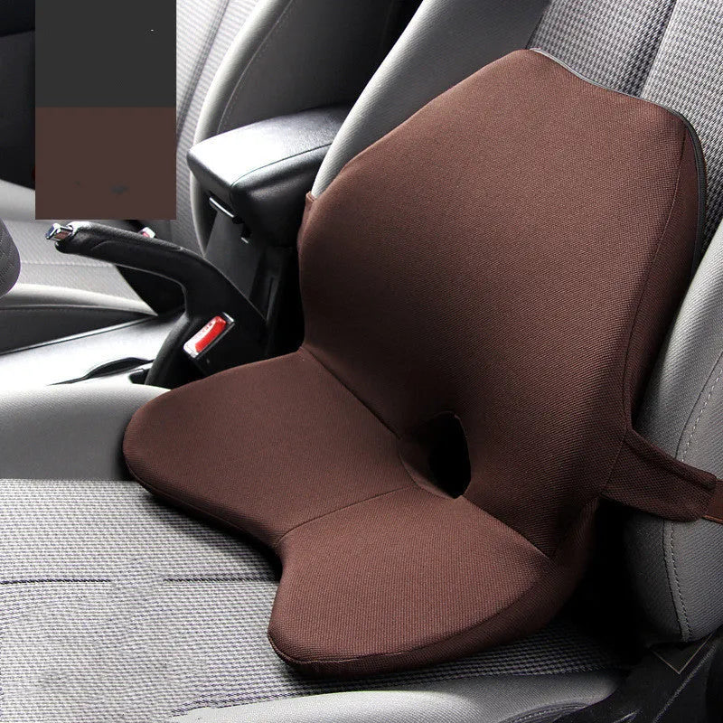 Memory foam car lumbar support pillow with adjustable straps in beige colour