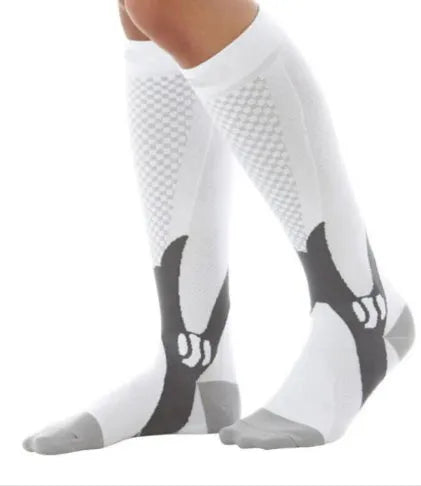A pair of graduated compression socks for men and women in an athletic style, shown in a colour option like black or blue.