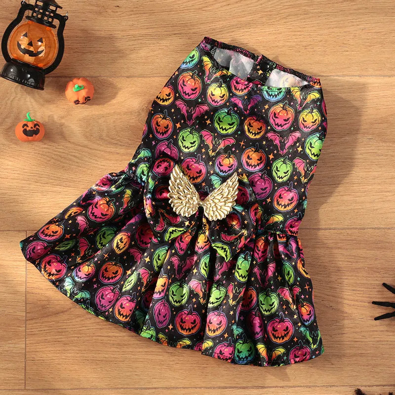 Orange or black angel wings Halloween costume for a dog, made from polyester.