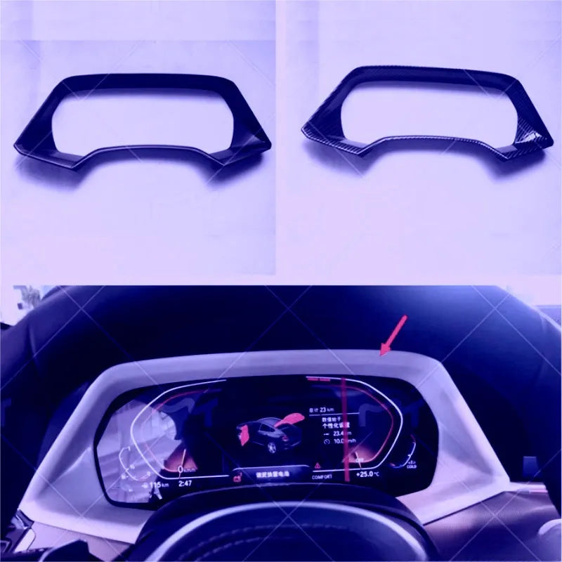 BMW X5 dashboard decorative frame in Peach Wood and Carbon Fiber finishes with double-sided adhesive tape