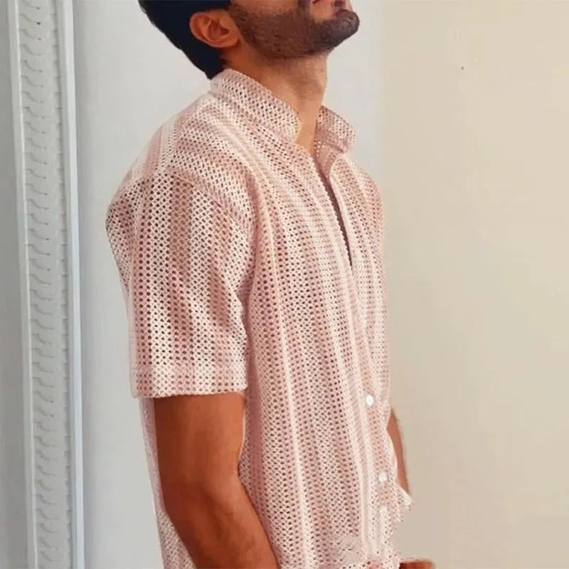 Men's pink loose fit summer shirt with waffle texture fabric and short sleeves