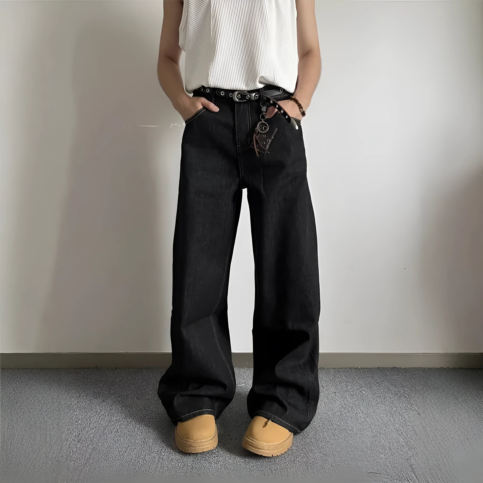 Black retro straight-leg jeans with loose wide-leg fit and mid-rise waist