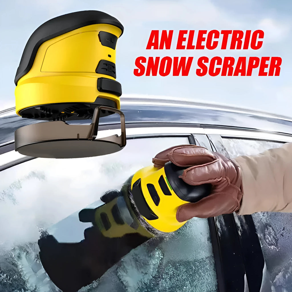 Yellow cordless electric snow scraper for car window deicing with USB charging cable