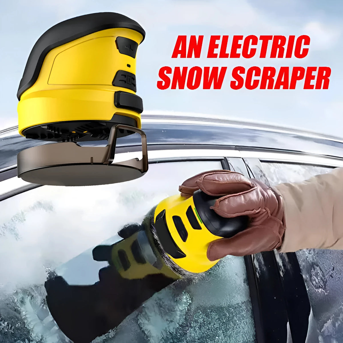 Yellow cordless electric snow scraper for car window deicing with USB charging cable