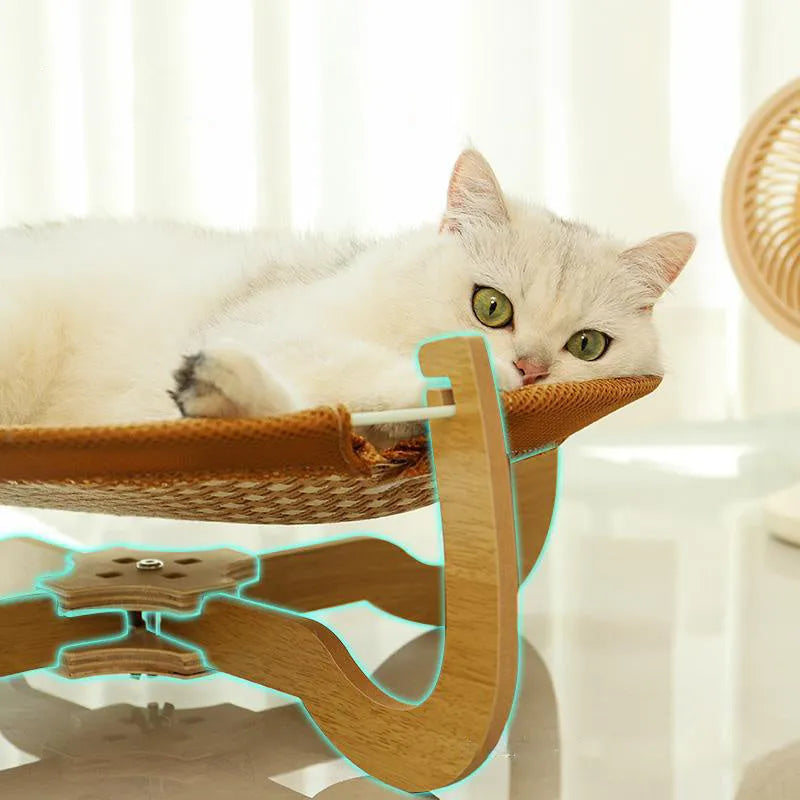Brown woven rattan hammock pet bed measuring 46cm square with elevated design