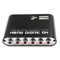 Black DTS Dolby AC-3 digital audio decoder with optical, coaxial, and stereo inputs and 5.1 channel analogue outputs.