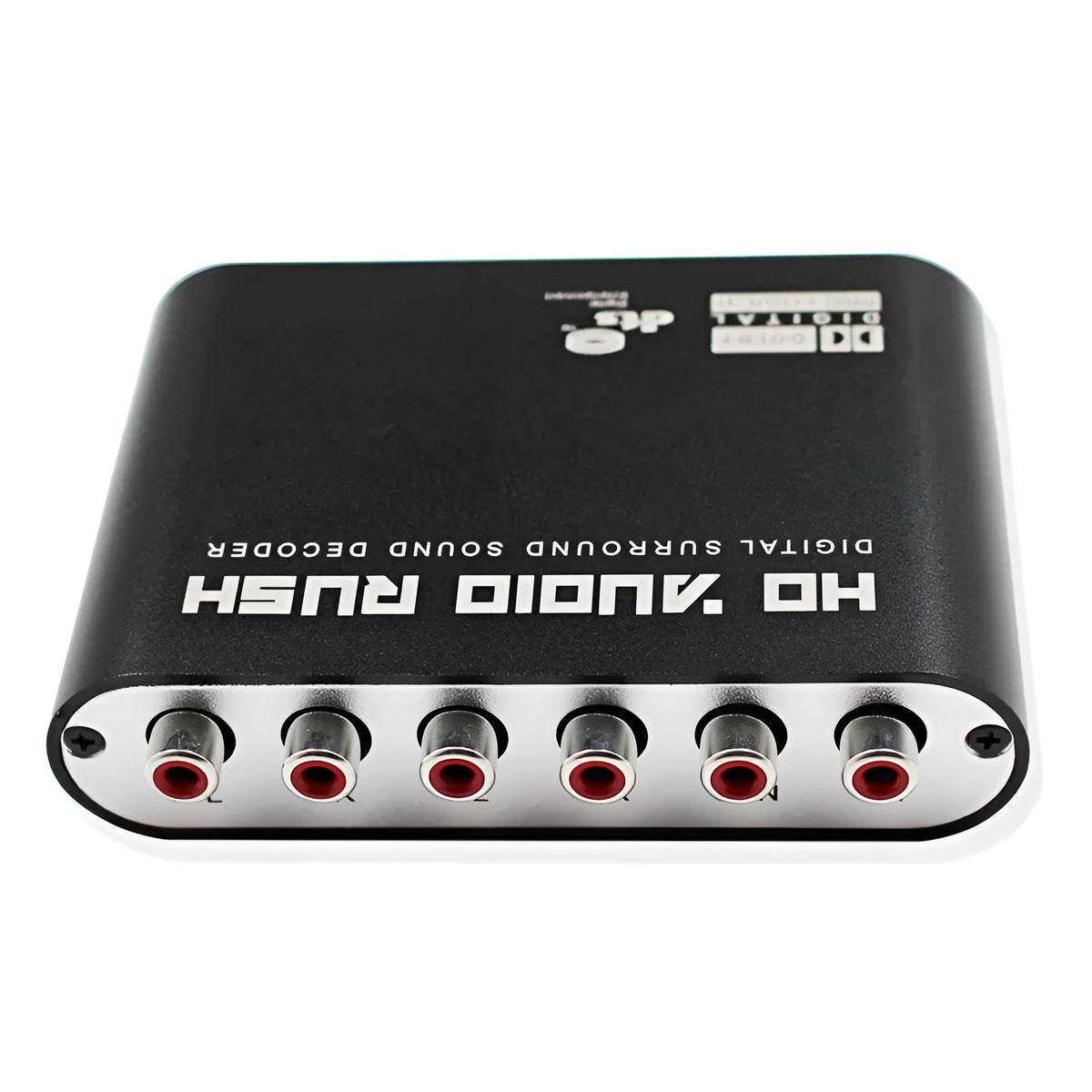 Black DTS Dolby AC-3 digital audio decoder with optical, coaxial, and stereo inputs and 5.1 channel analogue outputs.