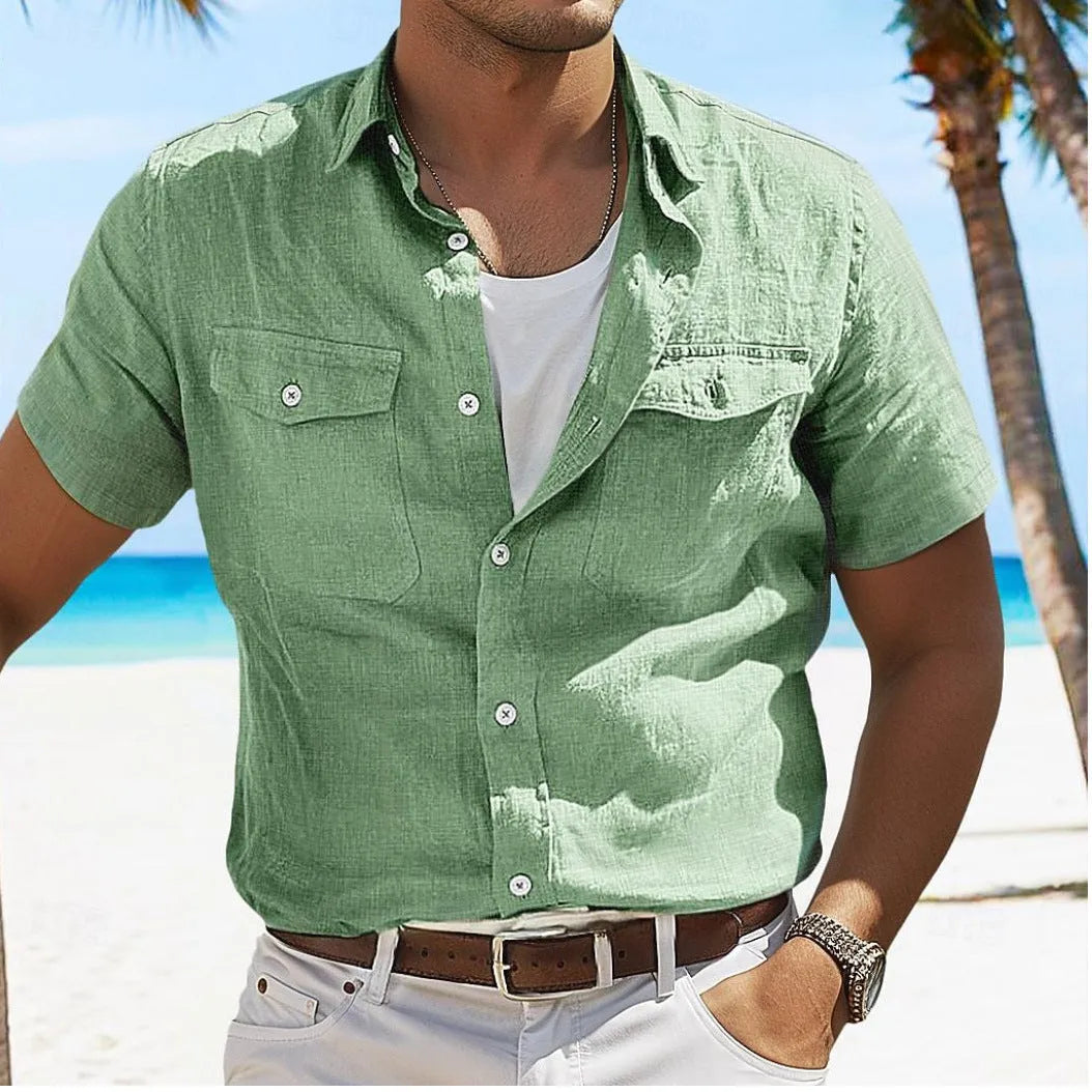 Men's solid colour linen summer shirt with polo collar and long sleeves in a loose cardigan style.