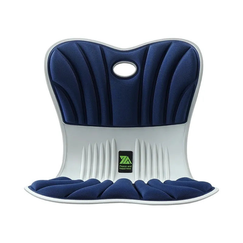 Grey ergonomic waist support cushion for office chair posture correction.