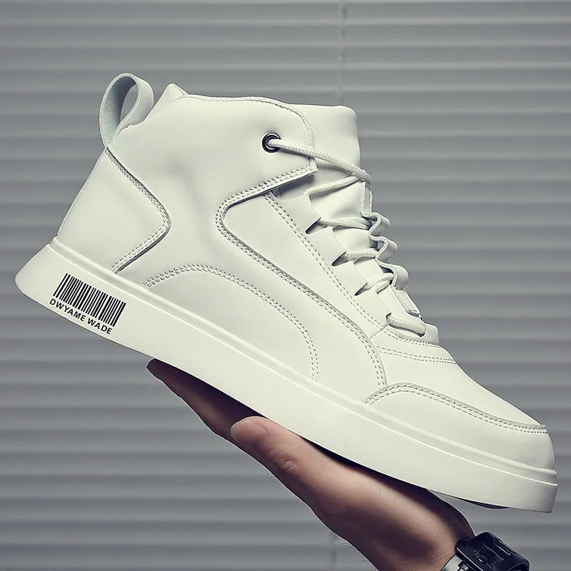 Men's white board shoes with lace-up front and round toe design on rubber sole