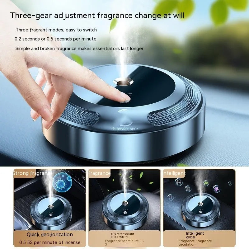 Car air freshener with automatic spray and zinc alloy shell measuring 89x35mm