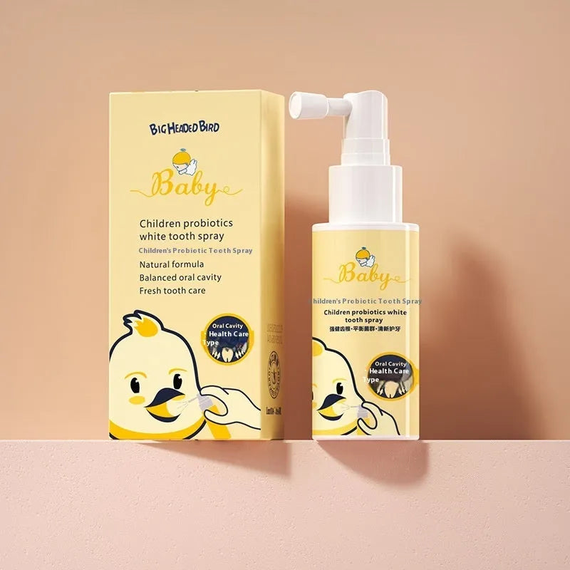 Children's probiotic white teeth cleaning spray bottle in strawberry and orange flavours