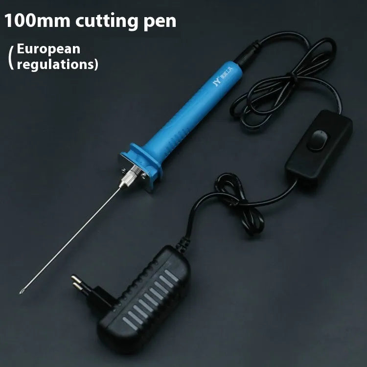 Blue handled electric heating foam cutter pen with a selection of different length metal blades.