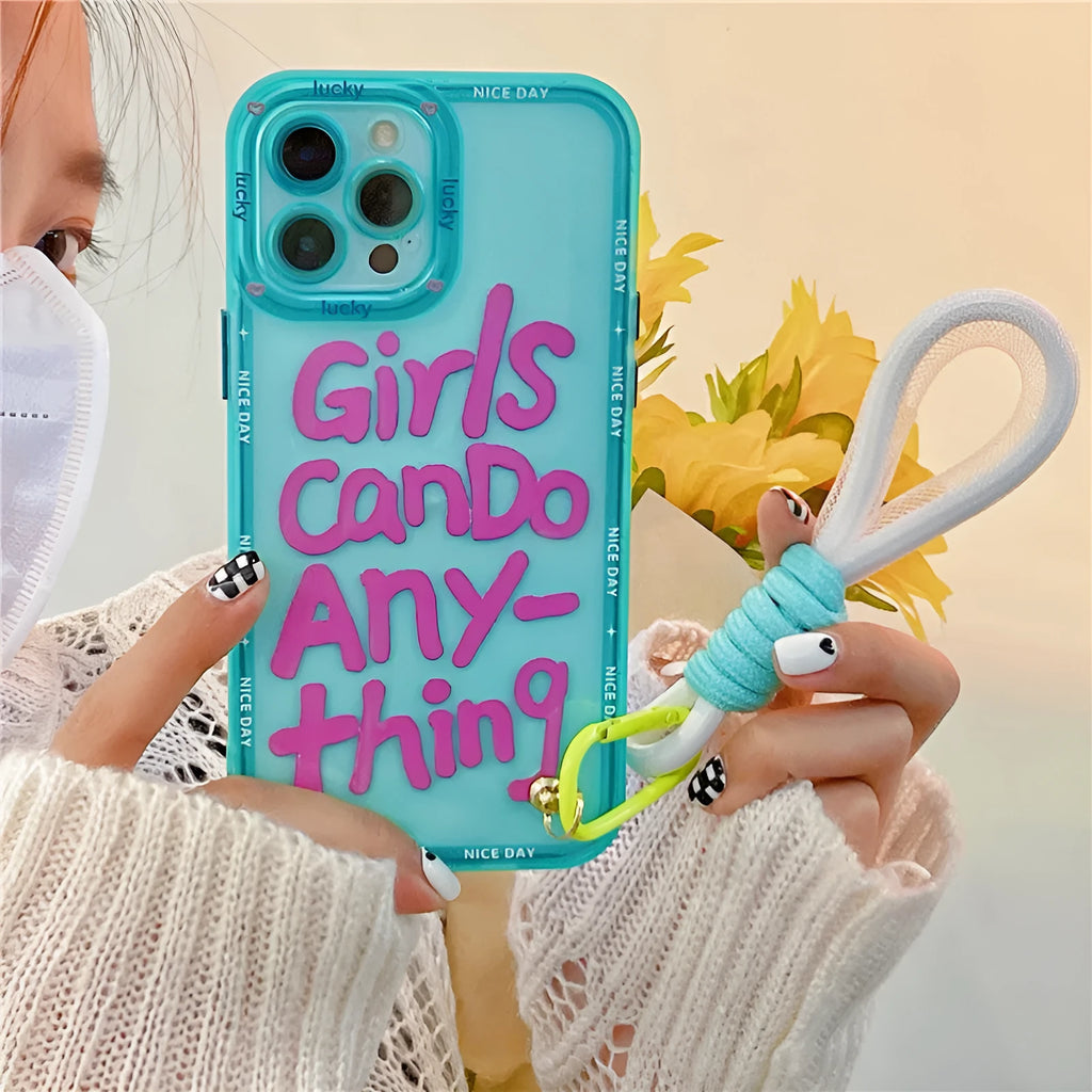 Mint green graffiti personalised iPhone case with painted animal design and attached black lanyard.