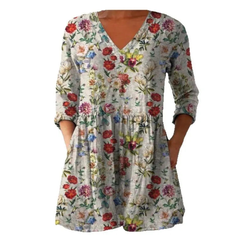 Women's printed wave pattern loose dress with 3/4 sleeves and wide waist design