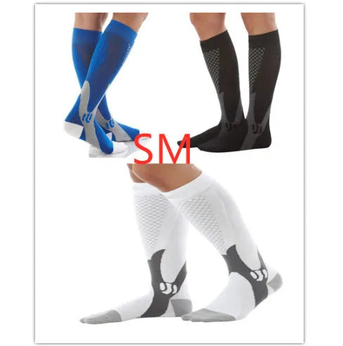 A pair of graduated compression socks for men and women in an athletic style, shown in a colour option like black or blue.