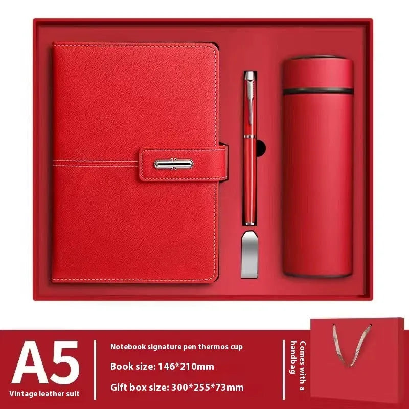 A5 notebook with a PU leather cover, open to show wood-free paper pages.