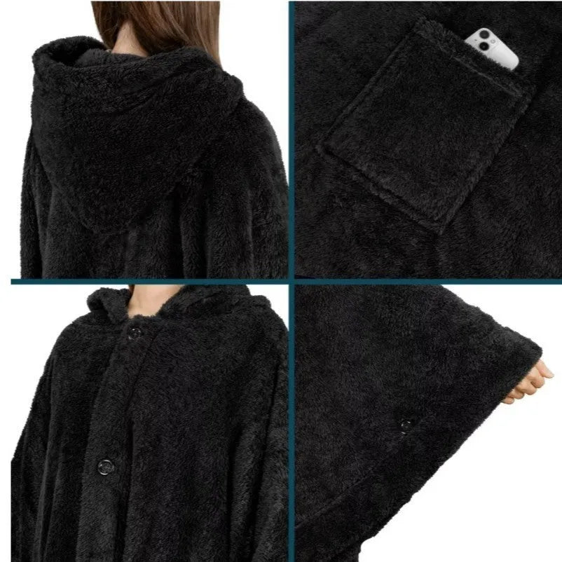 Thick hooded polyester bathrobe in cardigan style, shown in black, dark grey, or pink colour options.