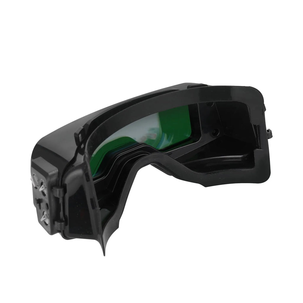 Black automatic darkening welding mask with large viewing window and adjustable controls