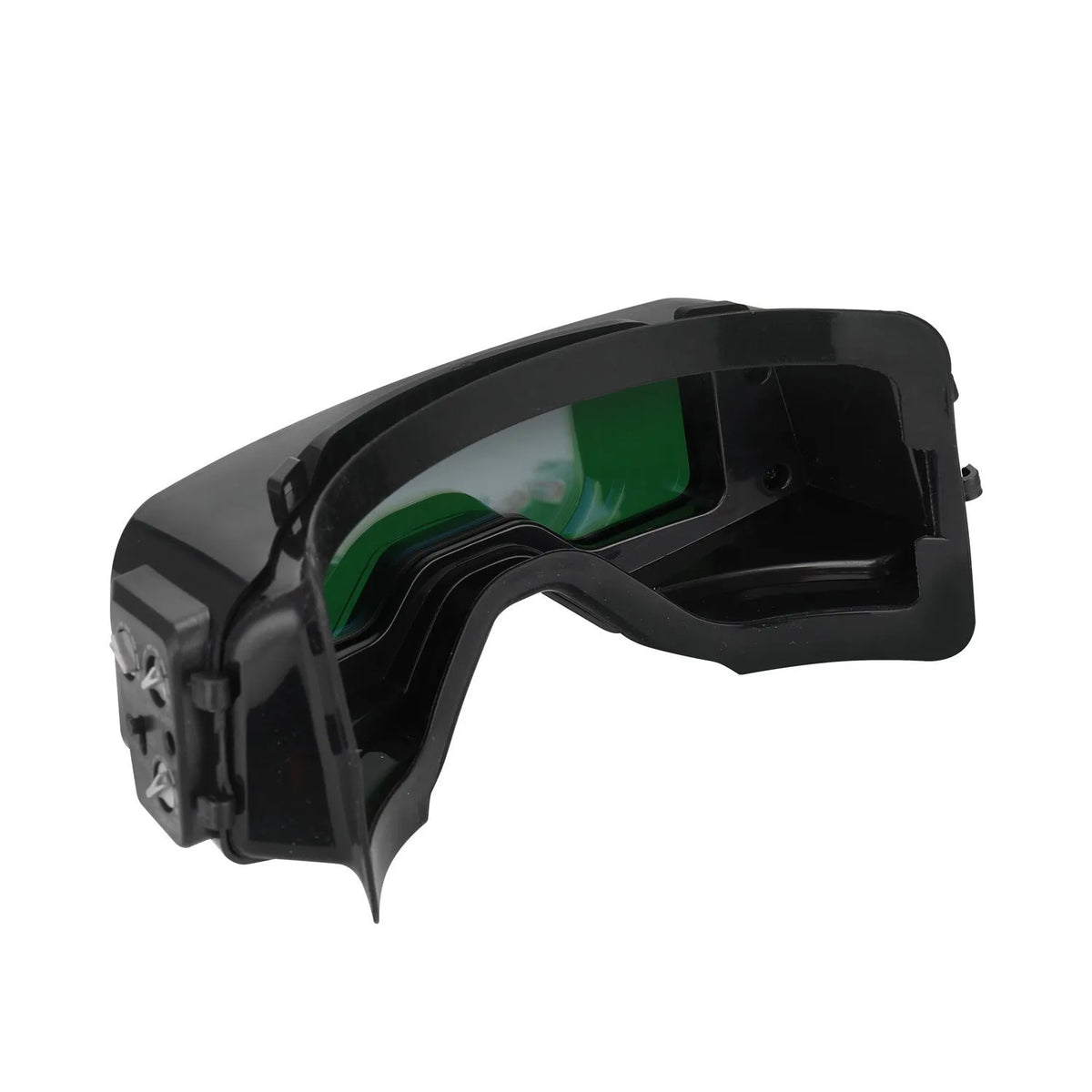 Black automatic darkening welding mask with large viewing window and adjustable controls
