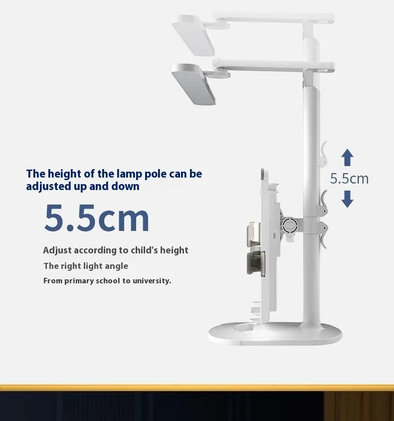 Adjustable LED table lamp with bookshelf design showing three colour temperature settings and charging cable