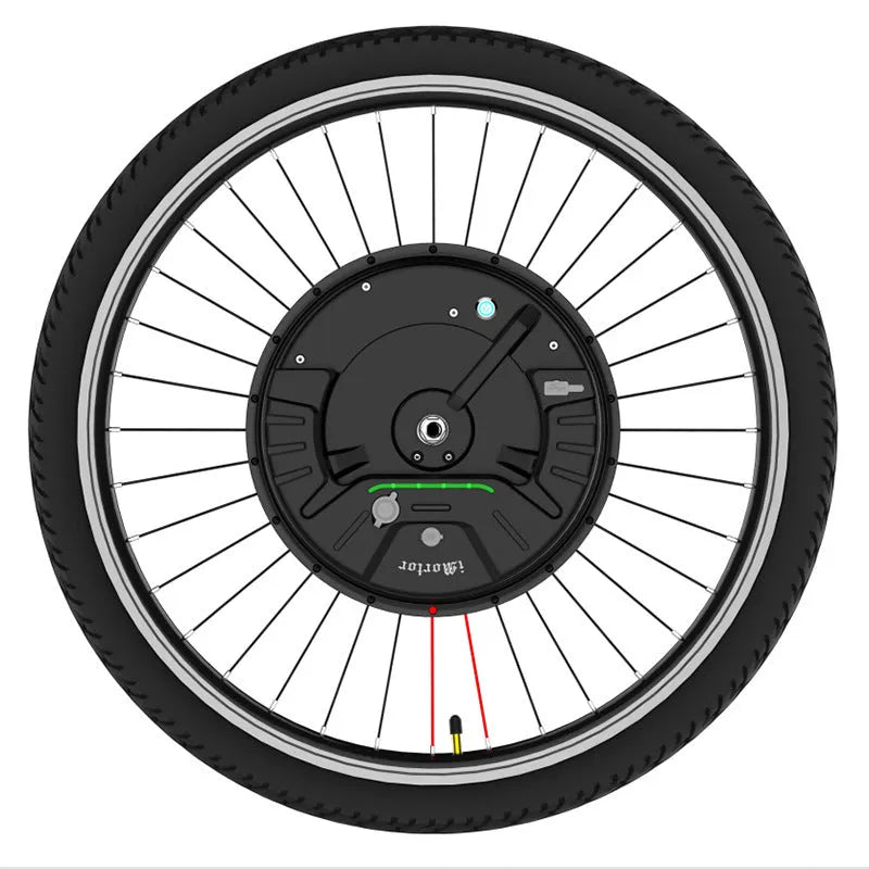 Black alloy hub wheel with integrated Imotor 3.0 electric bicycle conversion motor