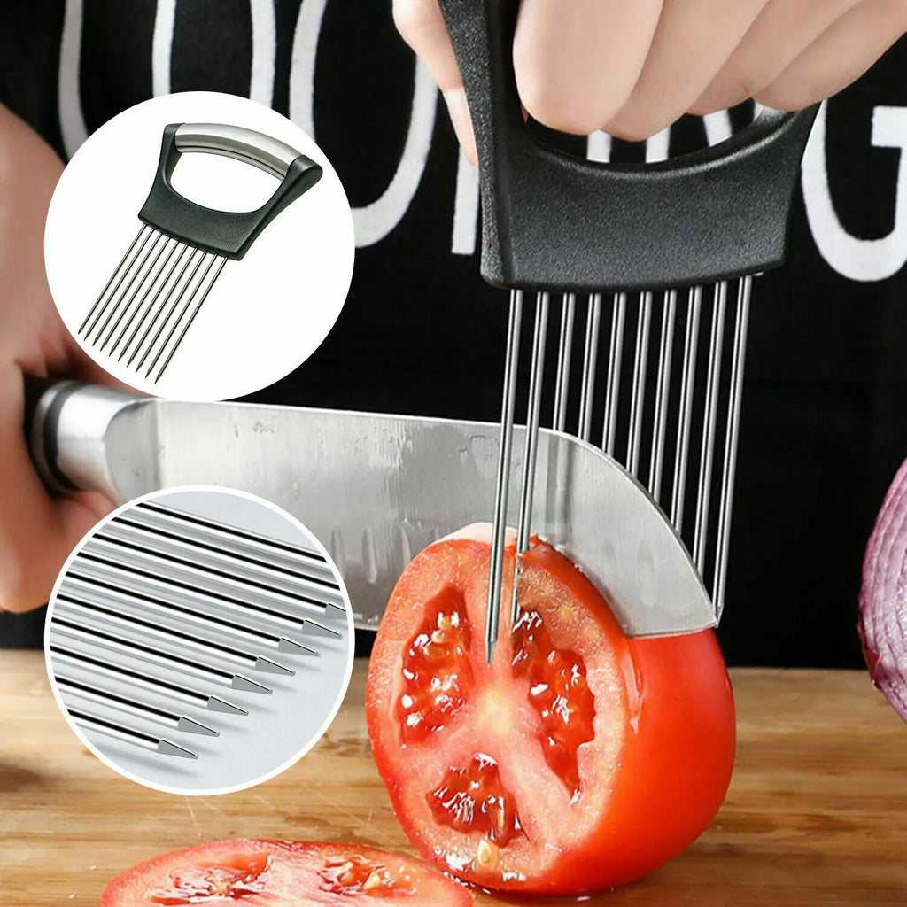 Stainless steel and plastic food slicer holder for onions and tomatoes on a kitchen worktop