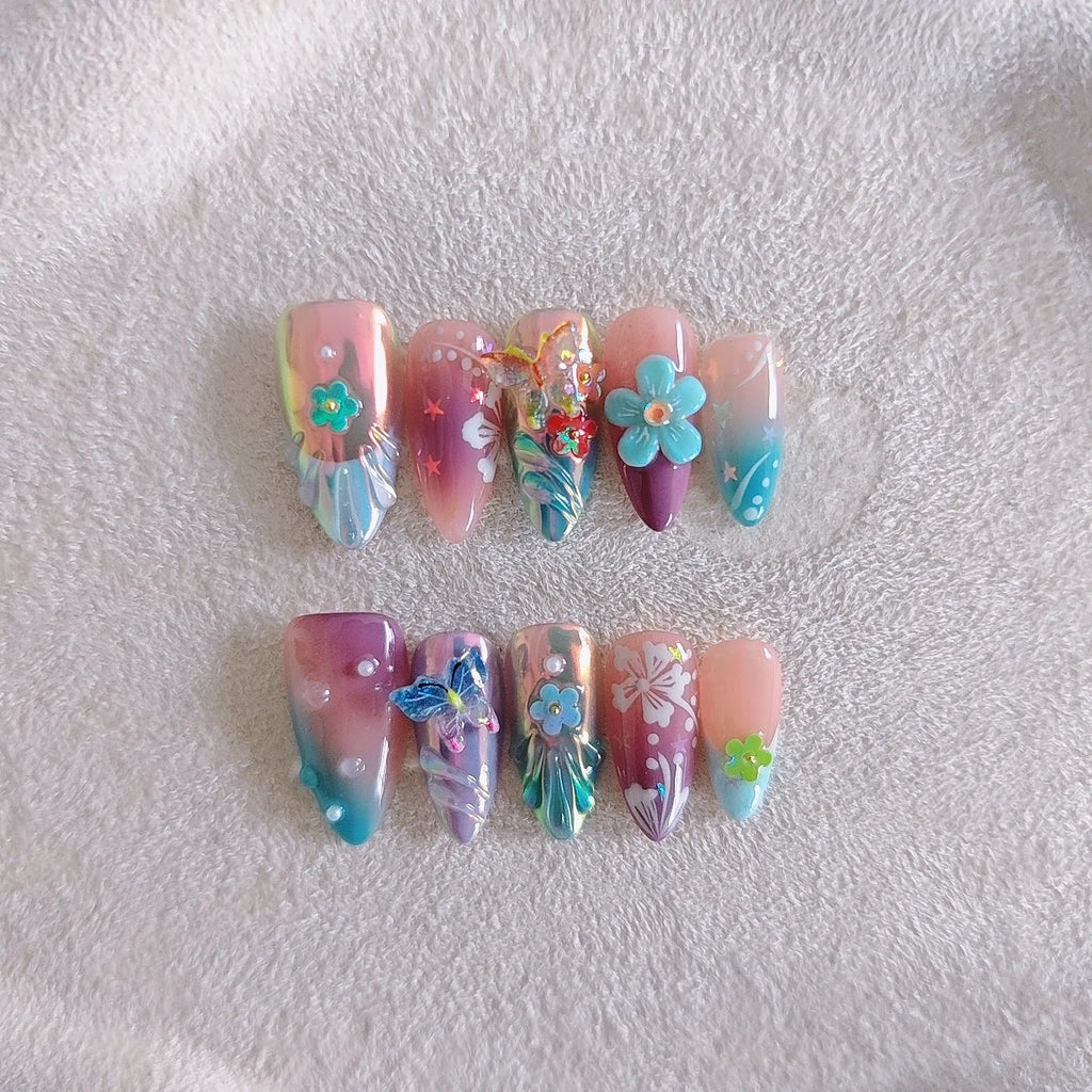 Handmade colourful 3D nail art sculptures of flowers and butterflies in four sizes XS S M L.