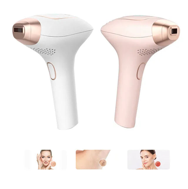 Pink and white three-in-one ice-sensing laser hair removal device with shaver head and charging cable.