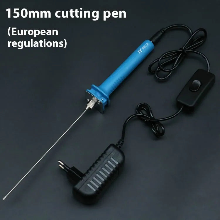 Blue handled electric heating foam cutter pen with a selection of different length metal blades.