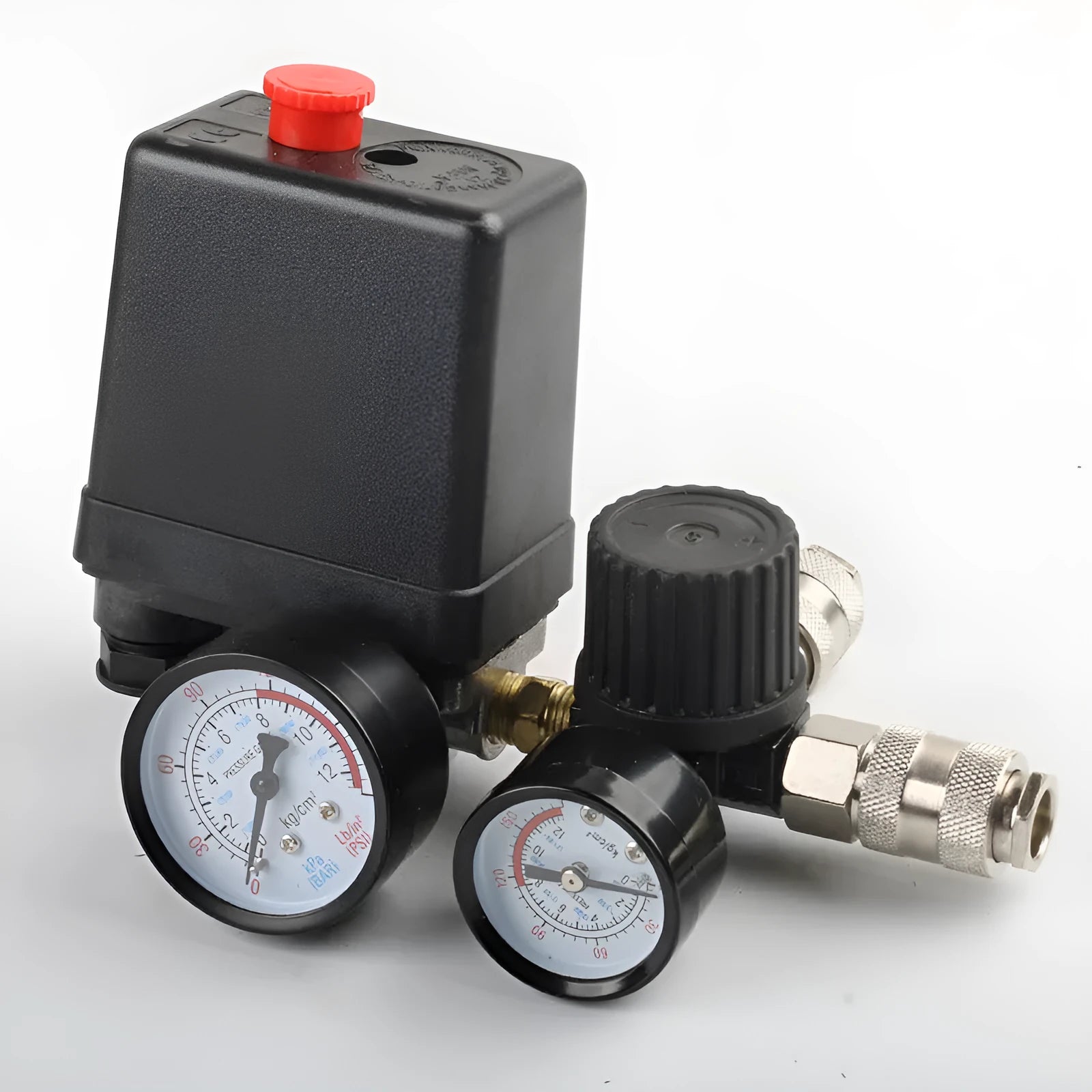 European style air compressor pressure regulating valve assembly with pressure switch and 12MM connectors