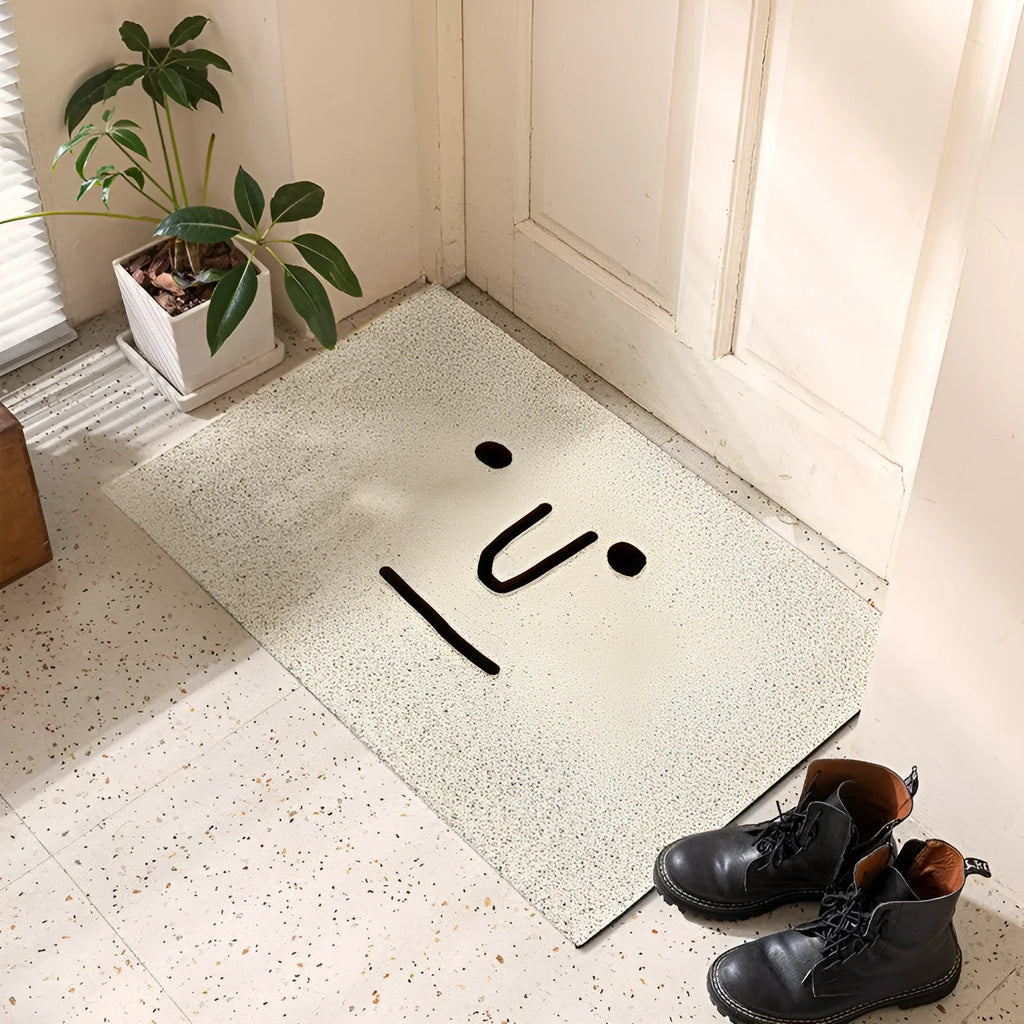 Square PVC floor mat with a cartoon facial expression geometric pattern in Mr Big Nose colour.