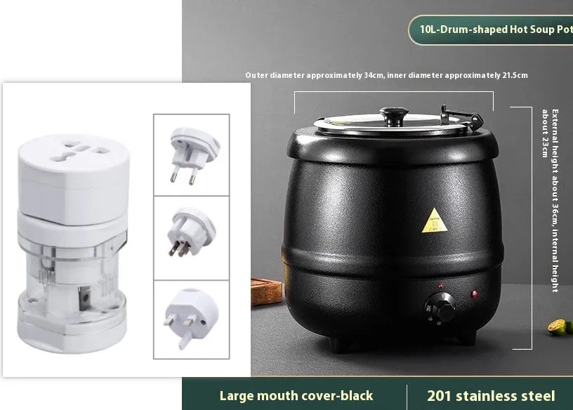 Black stainless steel insulation pot with steel cover, 10 litre capacity, electric heating function