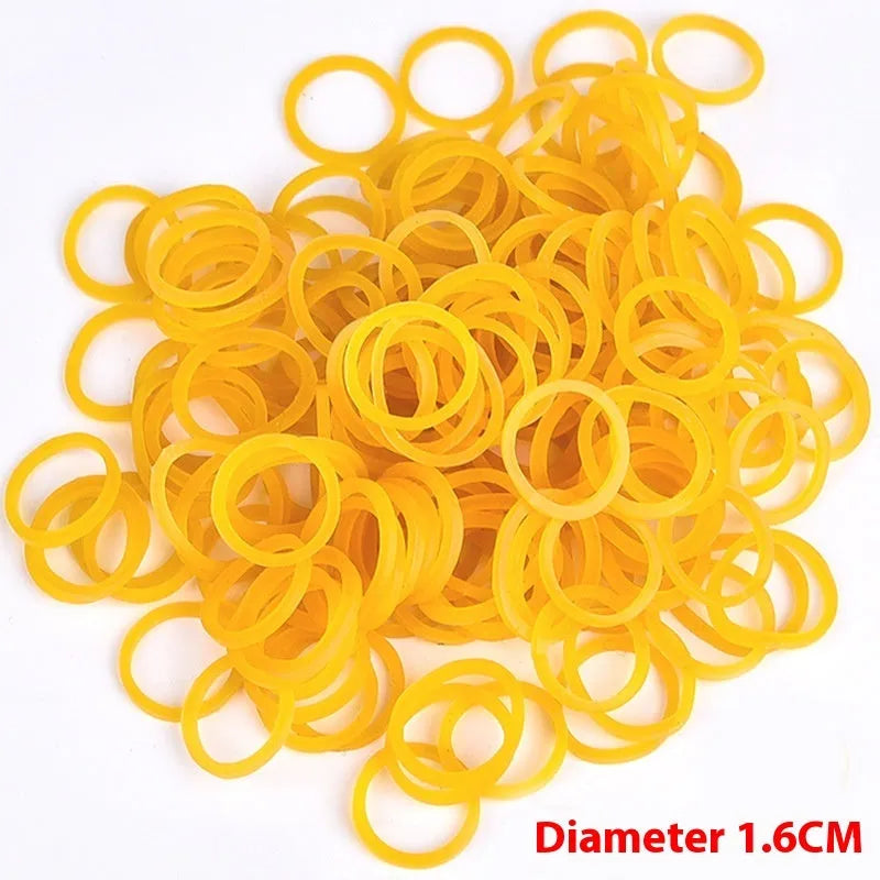 500g bulk pack of assorted yellow rubber bands showing different sizes from 25mm to 70mm diameter.