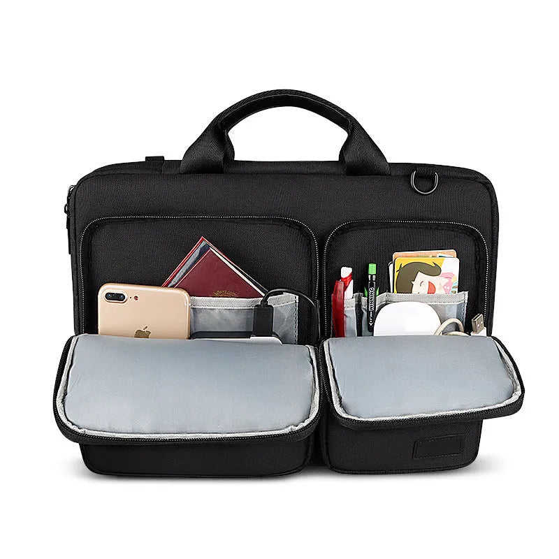 Shock proof shoulder laptop bag in black, grey or pink, polyester with retractable handle and zipper, sizes 13.3 to 15.6 inches.