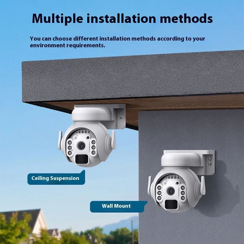 Outdoor solar security camera with camouflage finish showing integrated solar panel and lens