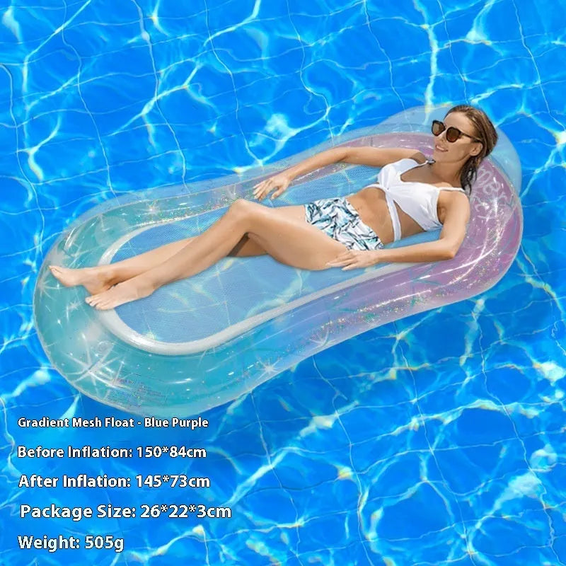 PVC inflatable floating row in gradient colours, available as recliner, canopy float, or sequined fruit design