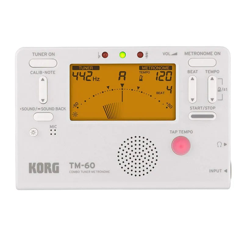 TM-60 digital tuner metronome in black or white plastic shell with display and controls