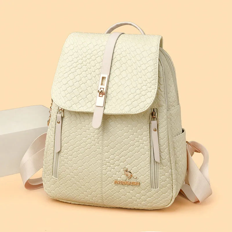 Women's large capacity waterproof PU backpack in black or white with medium hardness and no lining cloth