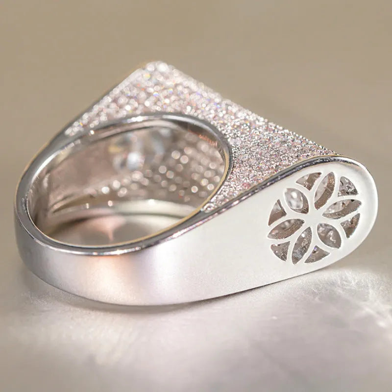 Women's flower and geometric ring with inlaid zircon stones, copper band, DJ091 white gold colour, sizes 6 to 10