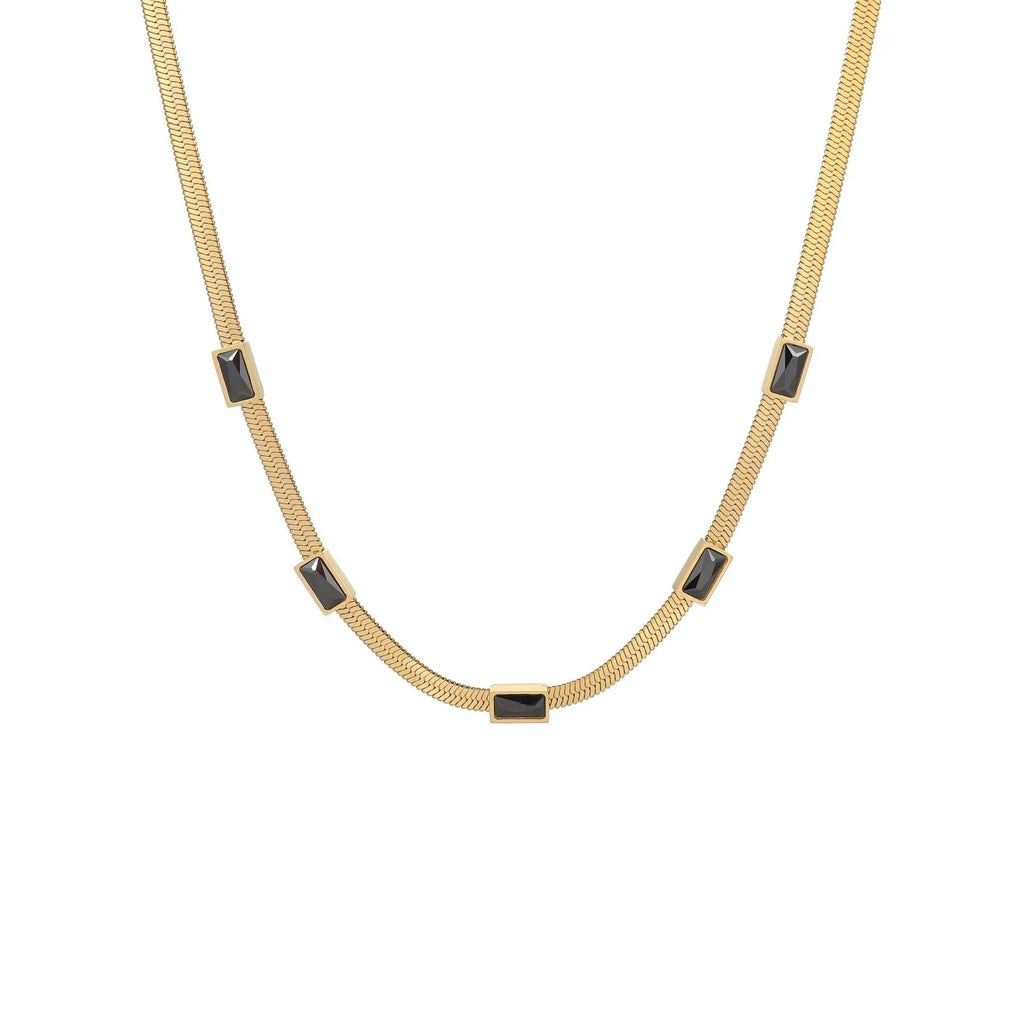 Retro geometric square zircon pendant on a stainless steel flat snake necklace chain.