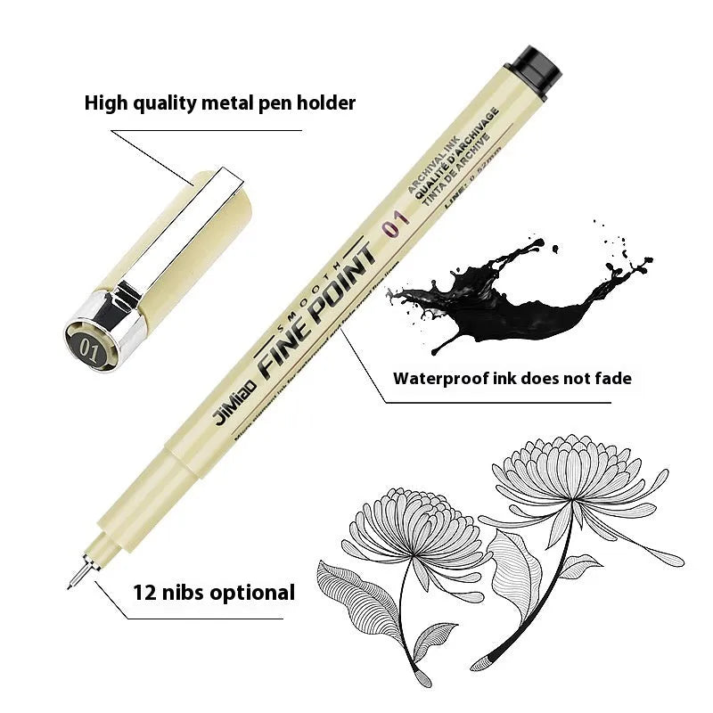 Syringe-style needle pen with hand-drawn hook line art and cartoon details on plastic body.
