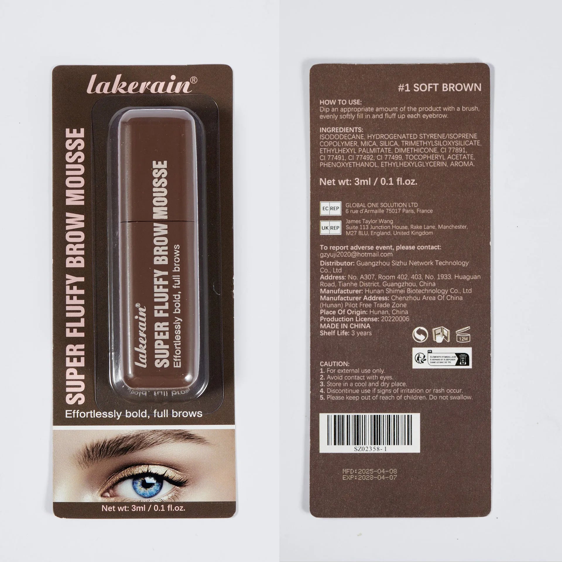 Eyebrow mousse cream tube with applicator for three-dimensional brow shaping in six colour shades